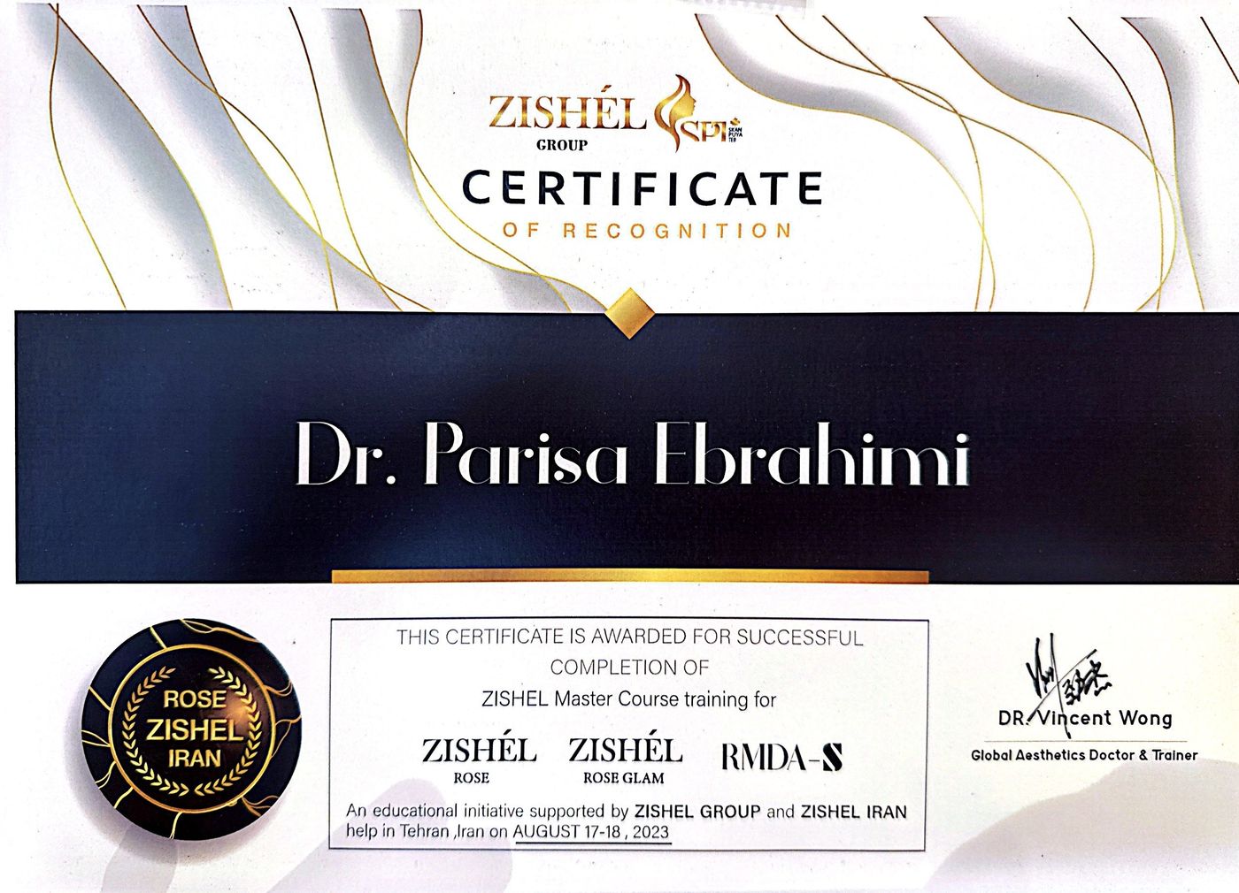 گواهینامه دوره تخصصی ZISHEL Master Course دکتر پریسا ابراهیمی، تهران ۱۴۰۲